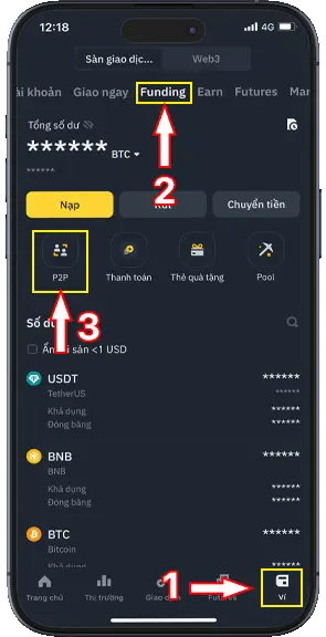 Bước 1:  Tại giao diện Vi Binance, chọn Funding, nhấn giao dịch P2P